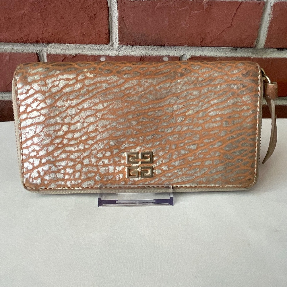 Givenchy ST1029 Zip Around Tan-Silver Leather Wallet Logo